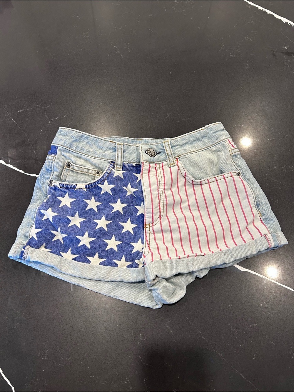 Topshop Moto American Flag Denim Shorts Blue Red White Stripe Stars American